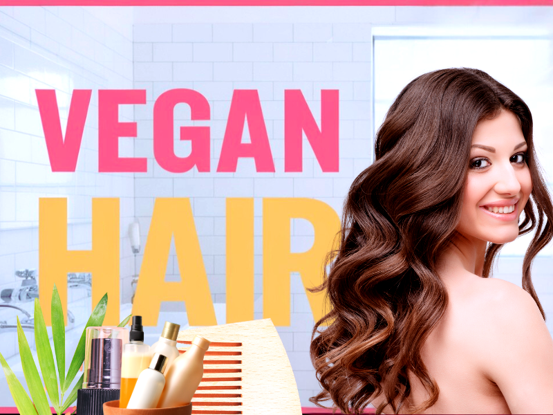 Smiling woman with healthy curls stands beside vegan haircare products and bold text “VEGAN HAIR”.