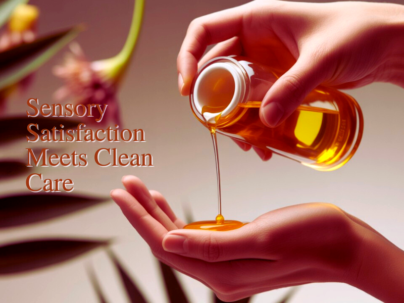 Hands receiving a warm stream of nourishing oil, evoking the calming experience of clean, plant-based hair or skin care.