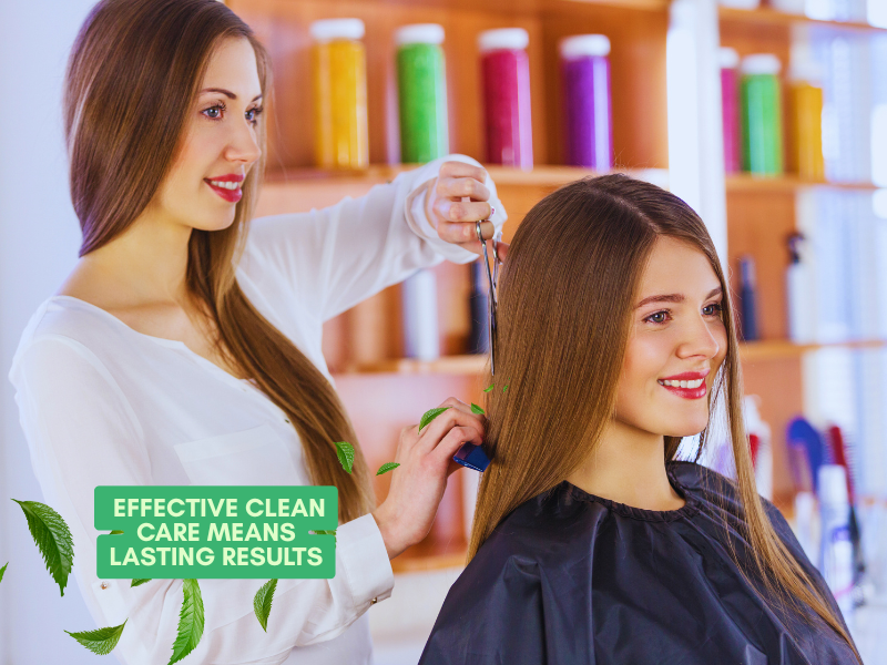 Stylist and client enjoying a salon moment, emphasizing the trust and long-term results that come from using clean, effective haircare.