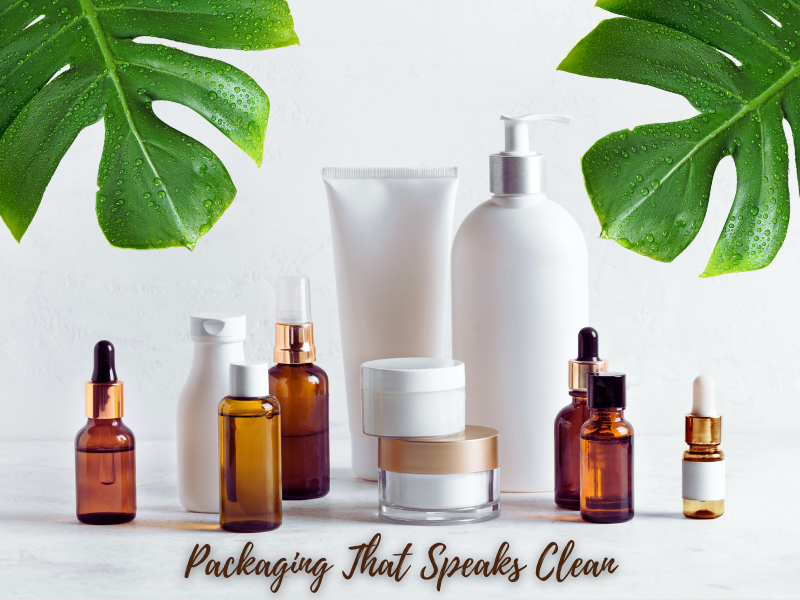 Assorted skincare and haircare containers with modern, natural packaging, surrounded by green tropical leaves, emphasizing clean beauty product aesthetics.