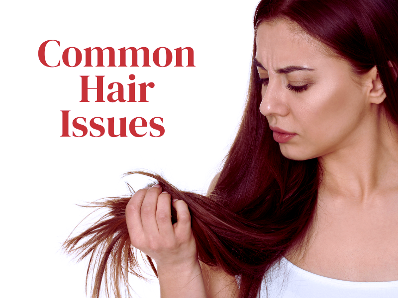 Close-up of woman looking at frizzy, brittle hair with visible concern and text about hair issues.