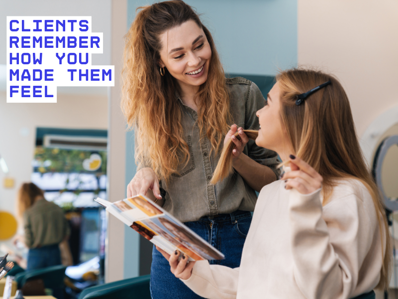 Salon professional making a client feel seen and valued during a consultation, highlighting the importance of emotional connection in client retention.