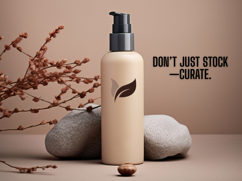 Curated haircare bottle representing intentional product selection for salons, styled with organic textures and minimalist luxury.