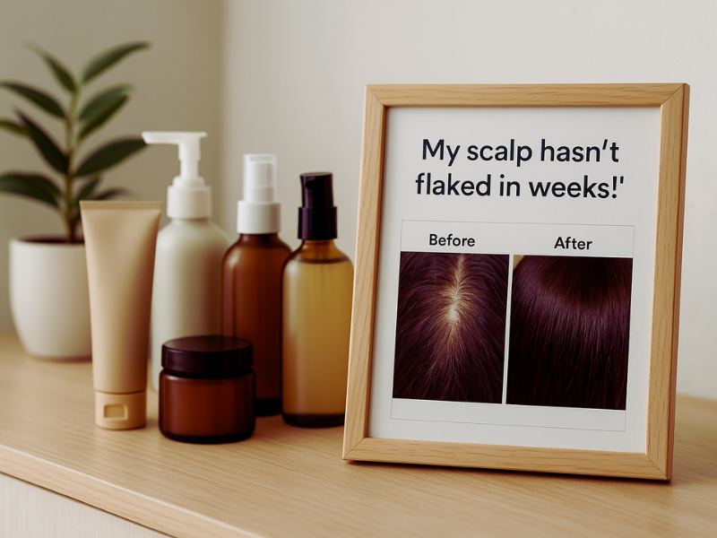 Haircare success story showing dramatic flake-free scalp results, framed testimonial beside clean beauty bottles on salon shelf.