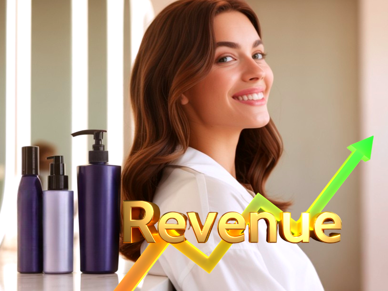 Salon retail success with haircare bottles and growth chart – grow revenue with vegan, client-trusted products
