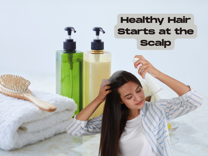 Natural Korean haircare setup with scalp spray and clean shampoo bottles for healthy hair maintenance