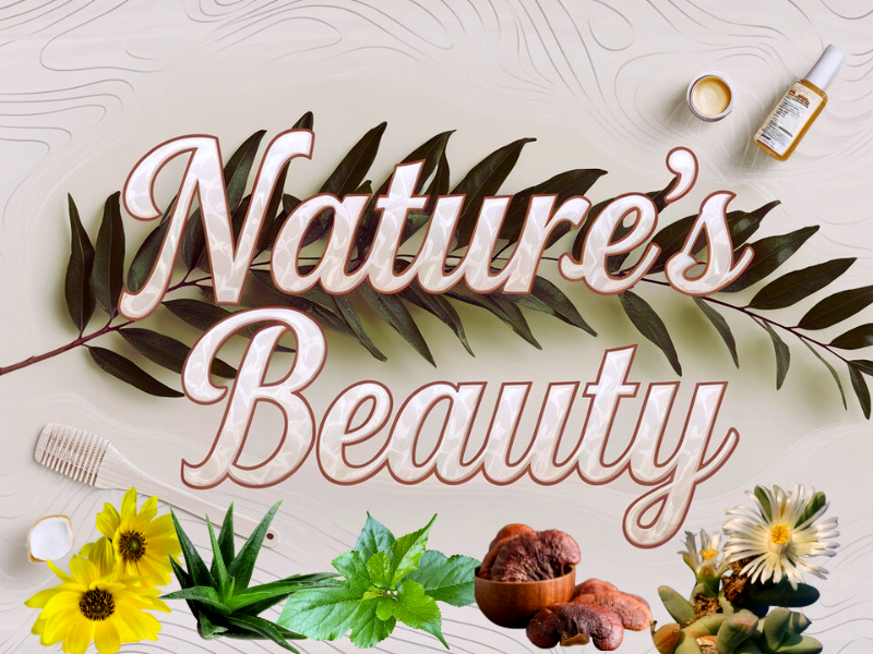 Clean beauty graphic showcasing plant-based ingredients for Korean vegan haircare and natural hair wellness