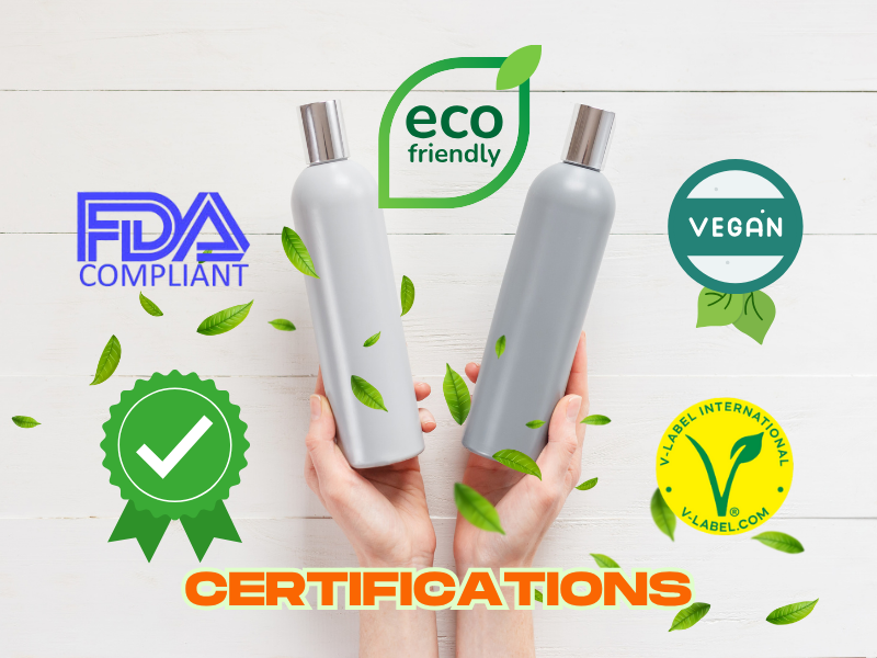 Hands holding clean beauty shampoo bottles with green product certifications for vegan, FDA, and eco safety
