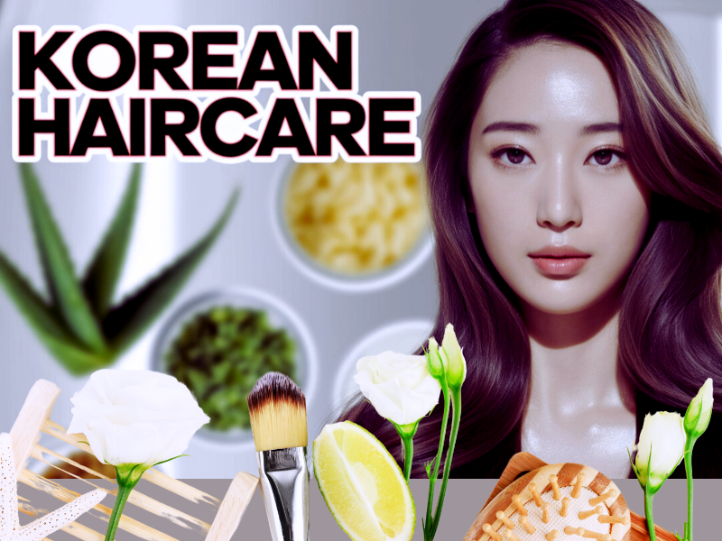 Korean woman with smooth hair surrounded by natural ingredients promoting plant-based Korean haircare