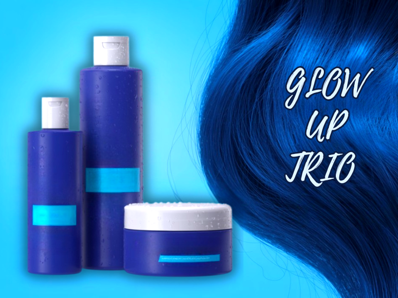 Blue shampoo and conditioner bottles next to vibrant, glossy blue hair with text "Glow Up Trio".