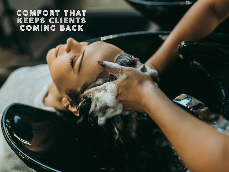 Woman enjoying a relaxing hair wash at salon shampoo station—highlighting client comfort, scalp massage benefits, and repeat salon visits.