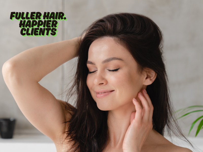 Woman with thick, shiny hair smiling peacefully—highlighting the benefits of natural scalp care and hair density treatments.