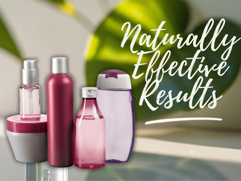 Clean beauty product lineup promoting natural results with leaf background.