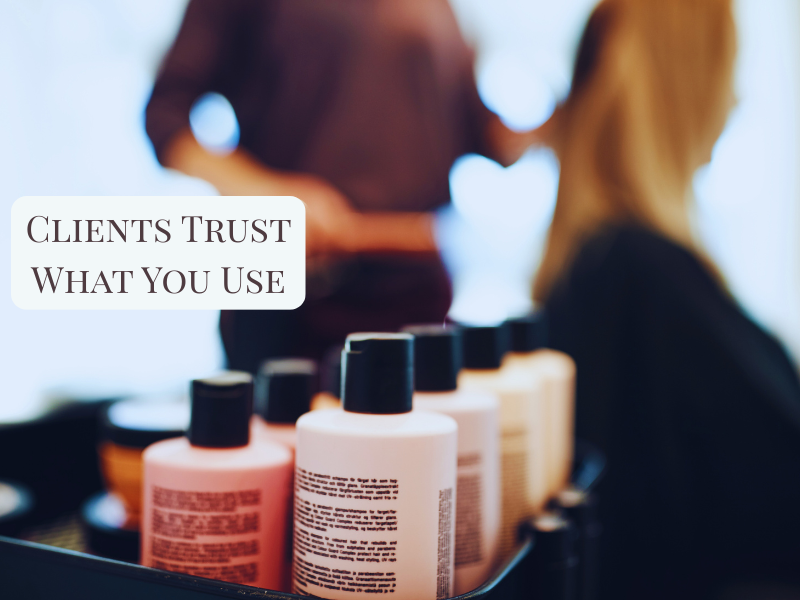 Clients trust the products you use image of salon bottles during a hair service.