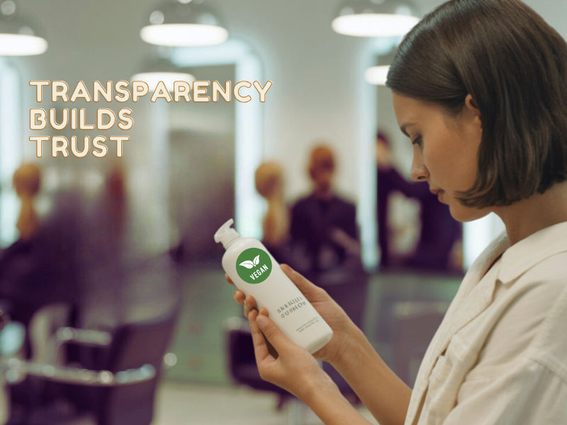 Client in a salon carefully inspects a clean, white vegan haircare product, promoting transparency and trust.