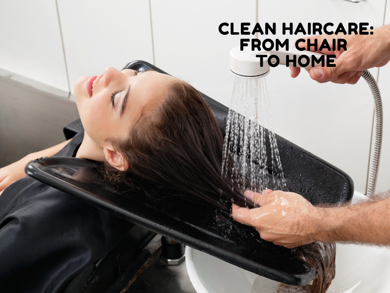 Woman enjoying hair wash at salon, promoting clean haircare used during and after salon visits.