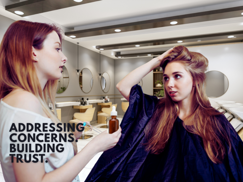 Haircare expert addresses client concerns with vegan, clean beauty products for scalp and hair wellness.