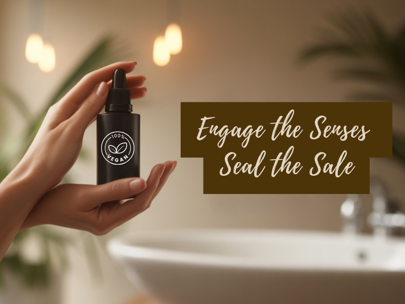 Hand holding a vegan haircare serum bottle in spa setting, promoting sensory salon retail experiences.