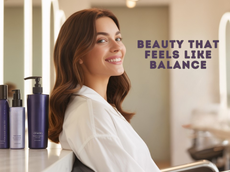 Confident woman in salon smiling beside clean, professional haircare products with the phrase 'Beauty That Feels Like Balance