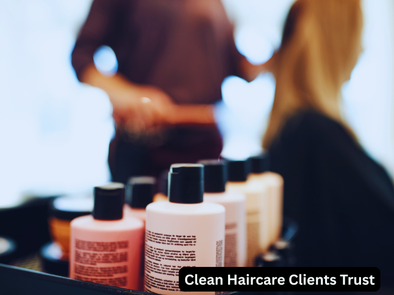 Close-up of salon retail shelf with clean haircare bottles, reinforcing trust in non-toxic beauty products