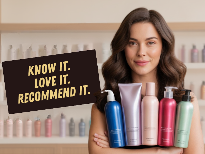 Confident salon professional holding Korean clean haircare products with the message 'Know it. Love it. Recommend it.' - promoting trusted salon retail success with vegan, FDA-compliant options.