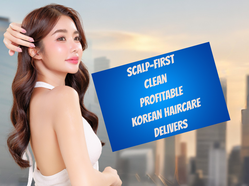 Confident woman with healthy hair promoting scalp-first clean Korean haircare for profitable salon retail