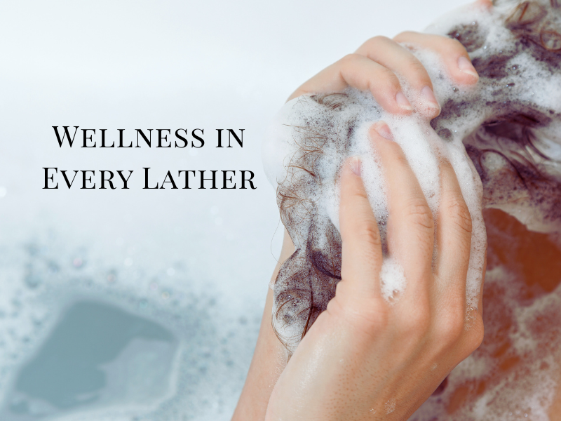 Haircare routine with foamy lather, highlighting soothing plant-based shampoo for sensitive scalps.