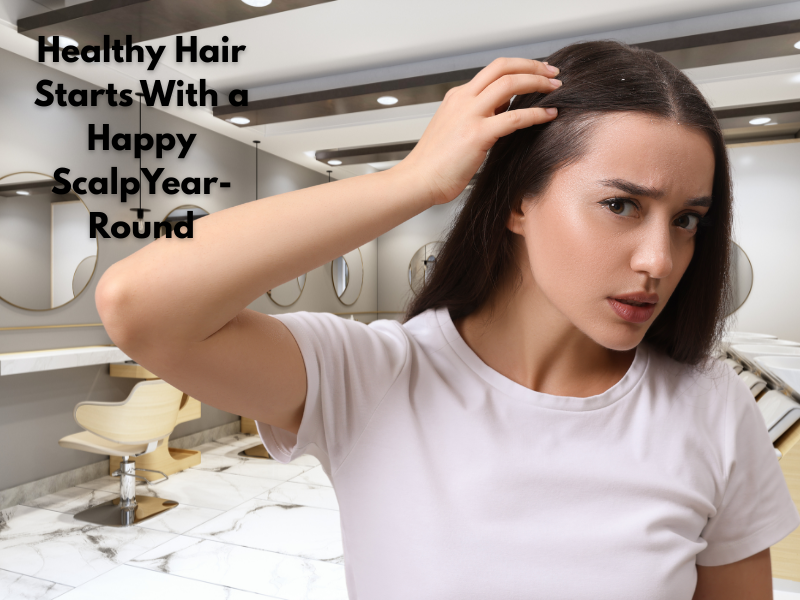 Close-up of woman with irritated scalp, reinforcing the importance of clean haircare for scalp health and hair growth.