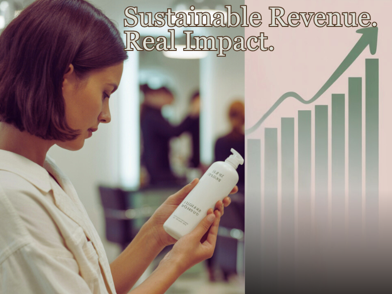 Salon owner holding shampoo with graph in background, symbolizing sustainable profit with vegan haircare.