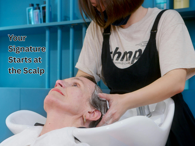 Salon hair wash session focusing on scalp wellness—perfect for showcasing clean, plant-based haircare for aging scalps and salon loyalty building.