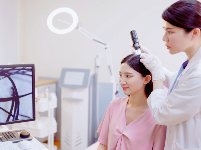 Woman receiving detailed scalp scan in hair clinic—perfect for showcasing high-tech scalp analysis, thinning hair concerns, and customized vegan haircare plans.