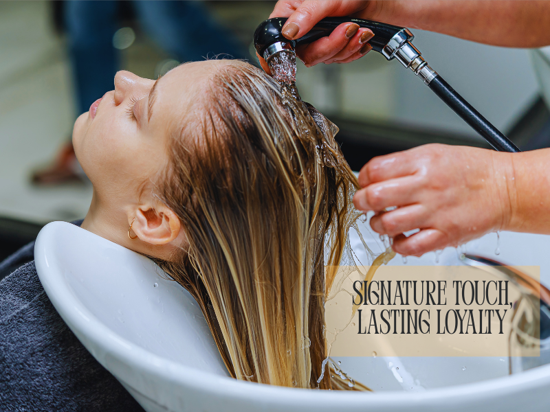 Salon professional washing client’s hair at a basin, emphasizing personalized service and scalp wellness.