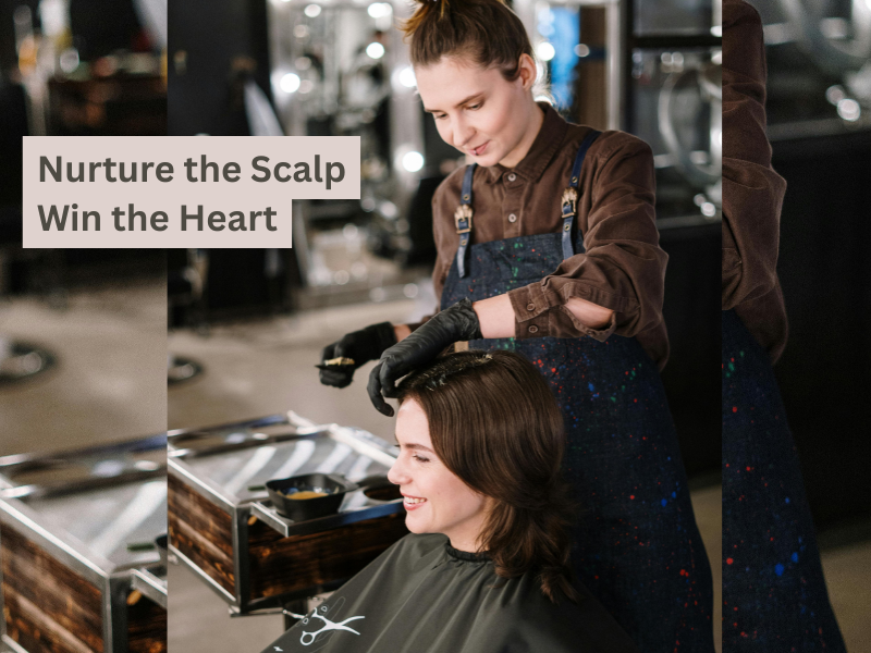 Professional hairstylist nurturing client’s scalp with plant-based treatment—perfect for promoting clean beauty, customer care, and salon loyalty.
