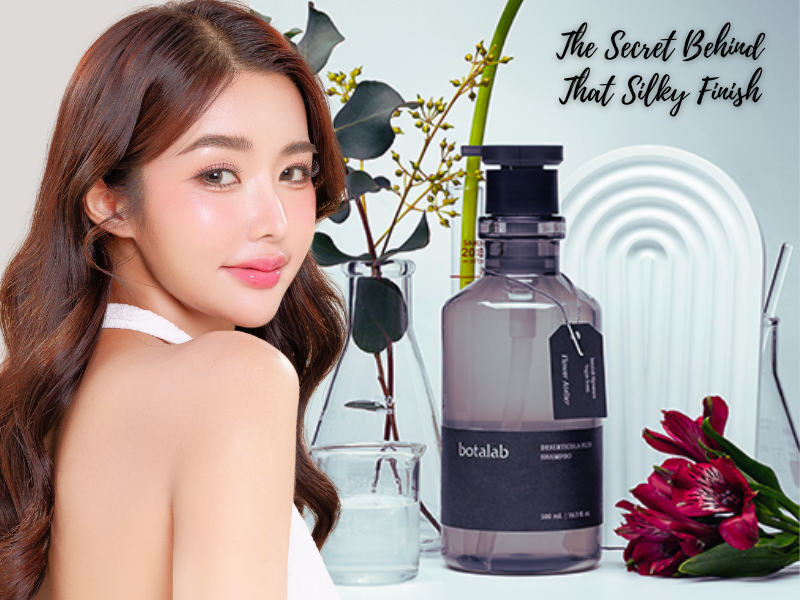 Smiling woman with radiant, silky hair beside Botalab Deserticola Plus Shampoo—highlighting Korean haircare for glossy, healthy hair results.
