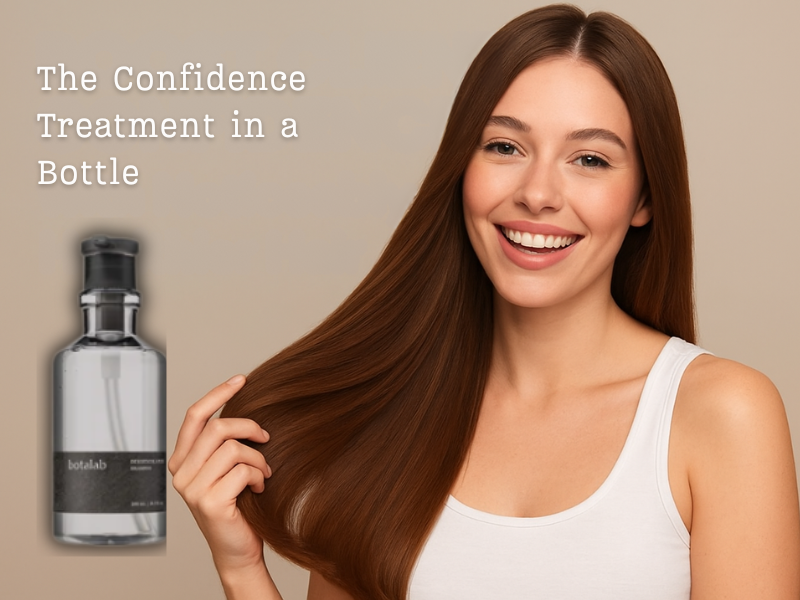 Happy woman with smooth, shiny hair holding strands next to Botalab bottle—highlighting the confidence-boosting power of clean, professional haircare.