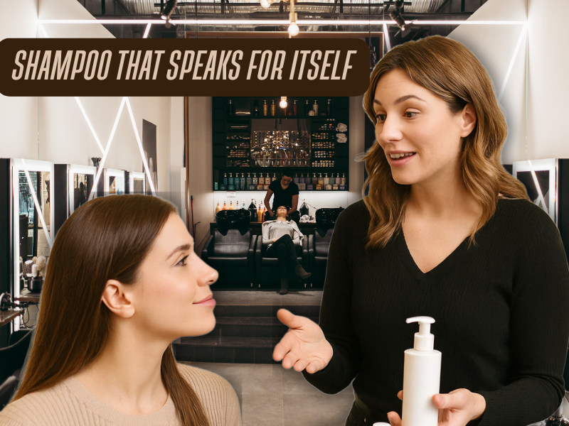 Salon consultation with professional introducing high-quality shampoo—perfect for promoting effective scalp care and hair product recommendations.