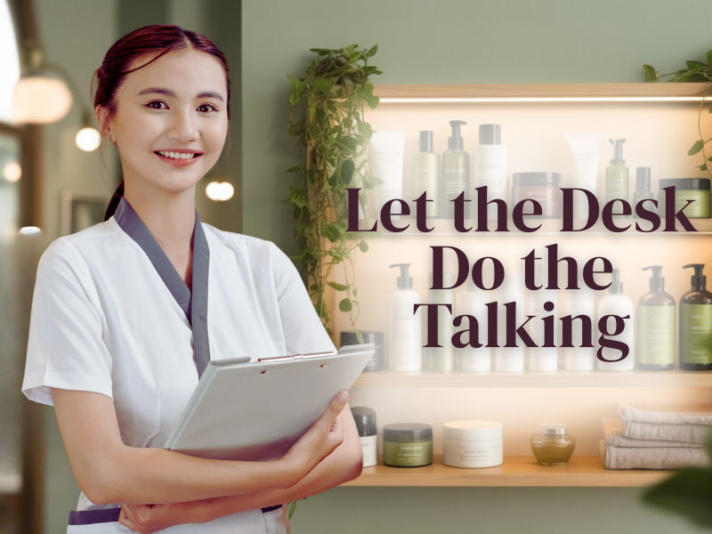 Smiling salon receptionist stands by a retail shelf of clean beauty products with glowing product display.