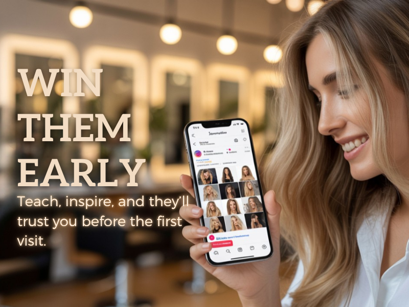 Beauty professional using social media portfolio to attract salon clients and boost early trust.