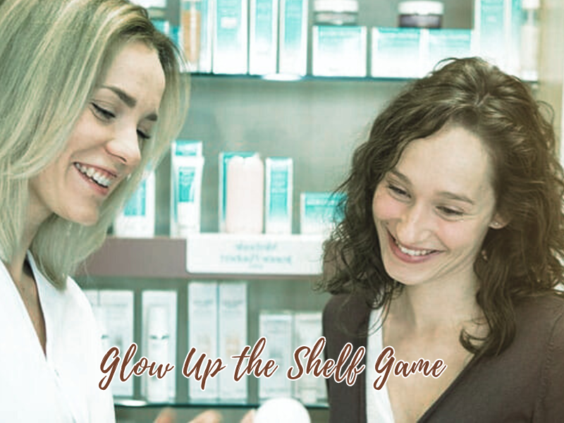 Salon professional guiding customer through curated beauty product selection at display counter.