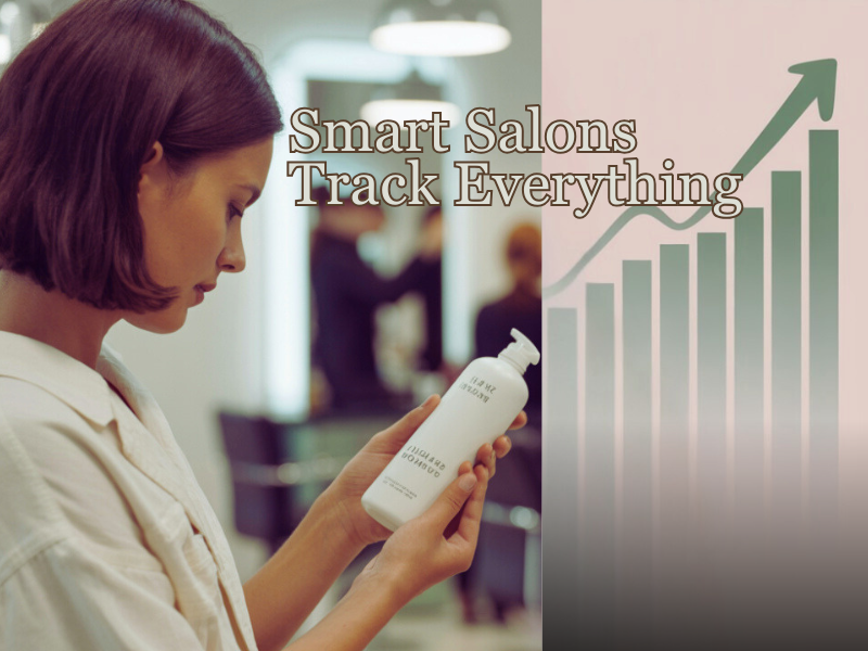 Salon owner reviewing shampoo bottle with upward sales graph in background, symbolizing smart inventory tracking.