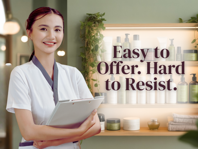 Salon staff member with a clipboard, standing in front of a display of high-quality hair and skincare products—ideal for boosting retail sales and client trust.