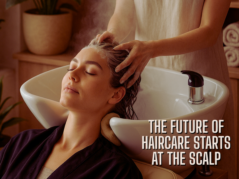 Relaxed woman at shampoo basin with stylist performing scalp care—perfect for showcasing plant-based haircare, clean beauty, and client wellness.