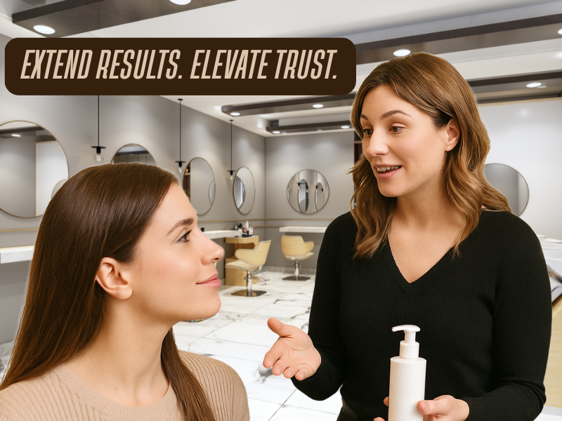 A professional salon stylist is engaging with a client, holding a product bottle and seemingly explaining its benefits.