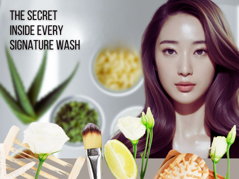 A serene woman with vibrant, healthy hair is prominently featured, with "THE SECRET INSIDE EVERY SIGNATURE WASH" text. Surrounding her are natural elements like aloe vera, lemon, and other botanical ingredients, hinting at the purity and effectiveness of the wash.