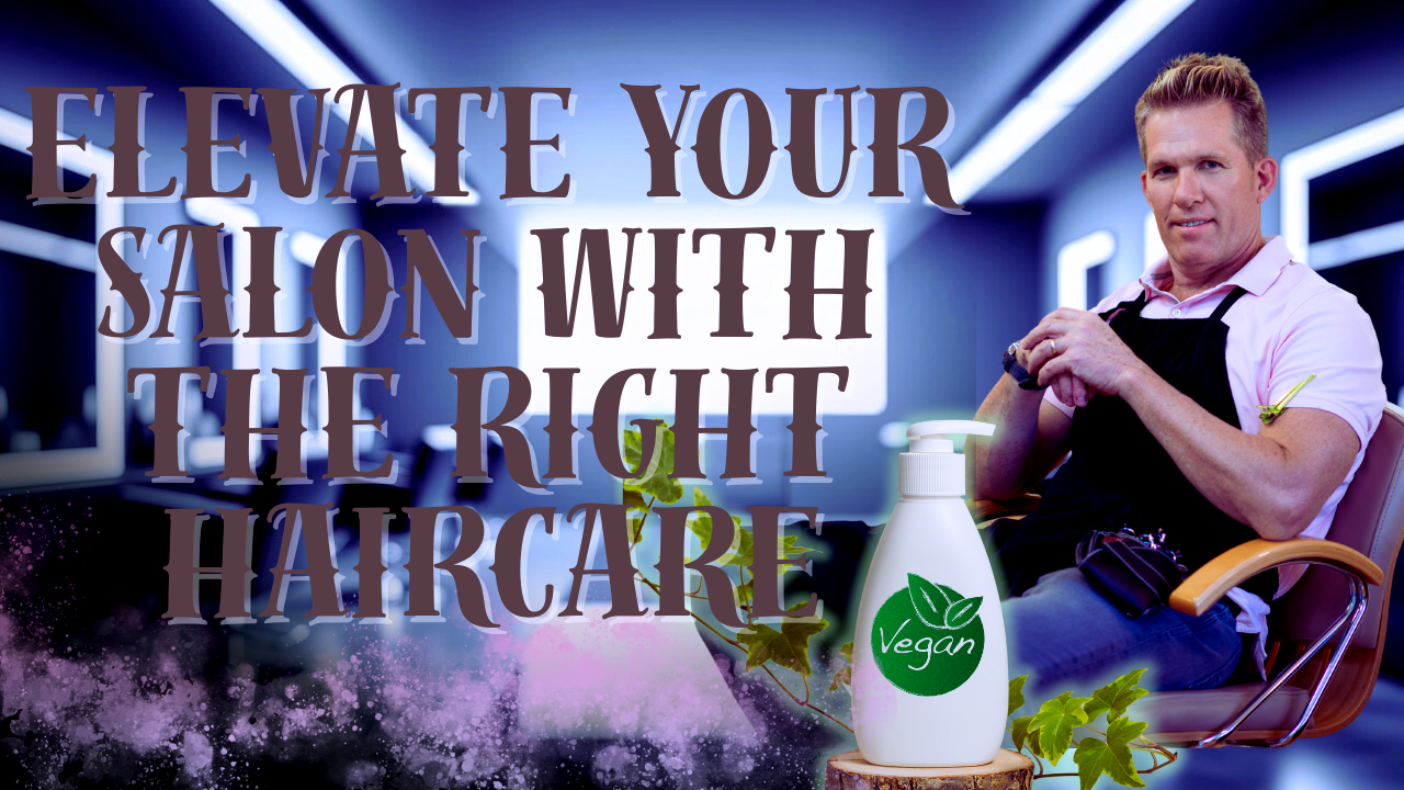 Male hair stylist sitting in salon promoting vegan haircare with caption 'Elevate Your Salon with the Right Haircare' and plant-based product imagery.
