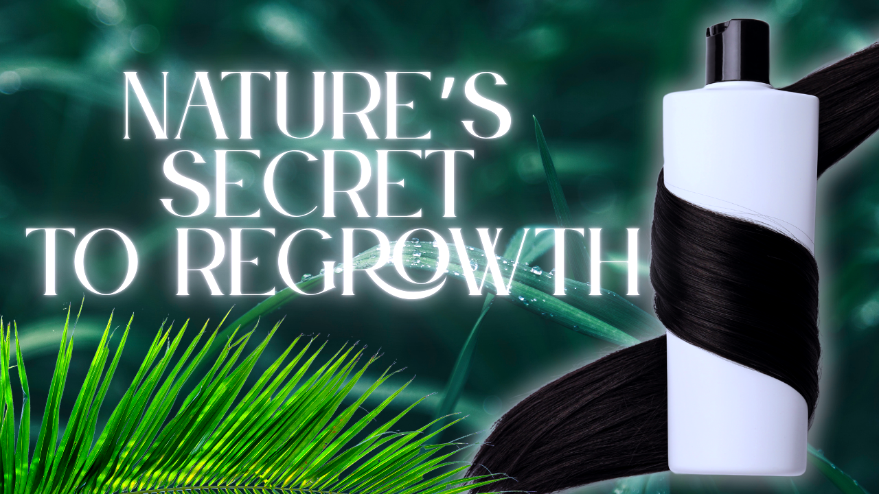 White shampoo bottle wrapped in healthy black hair with text 'Nature’s Secret to Regrowth' on a botanical background.