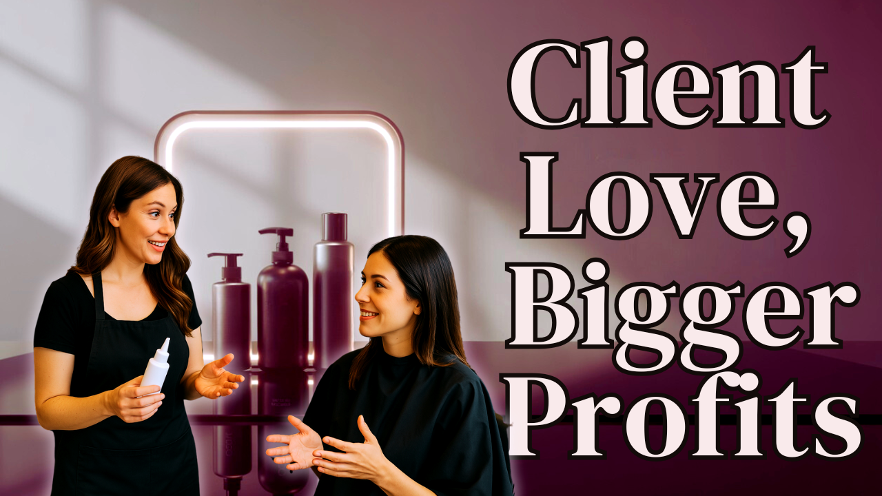 Salon pro and happy client discuss haircare with text “Client Love Bigger Profits” in stylish background.