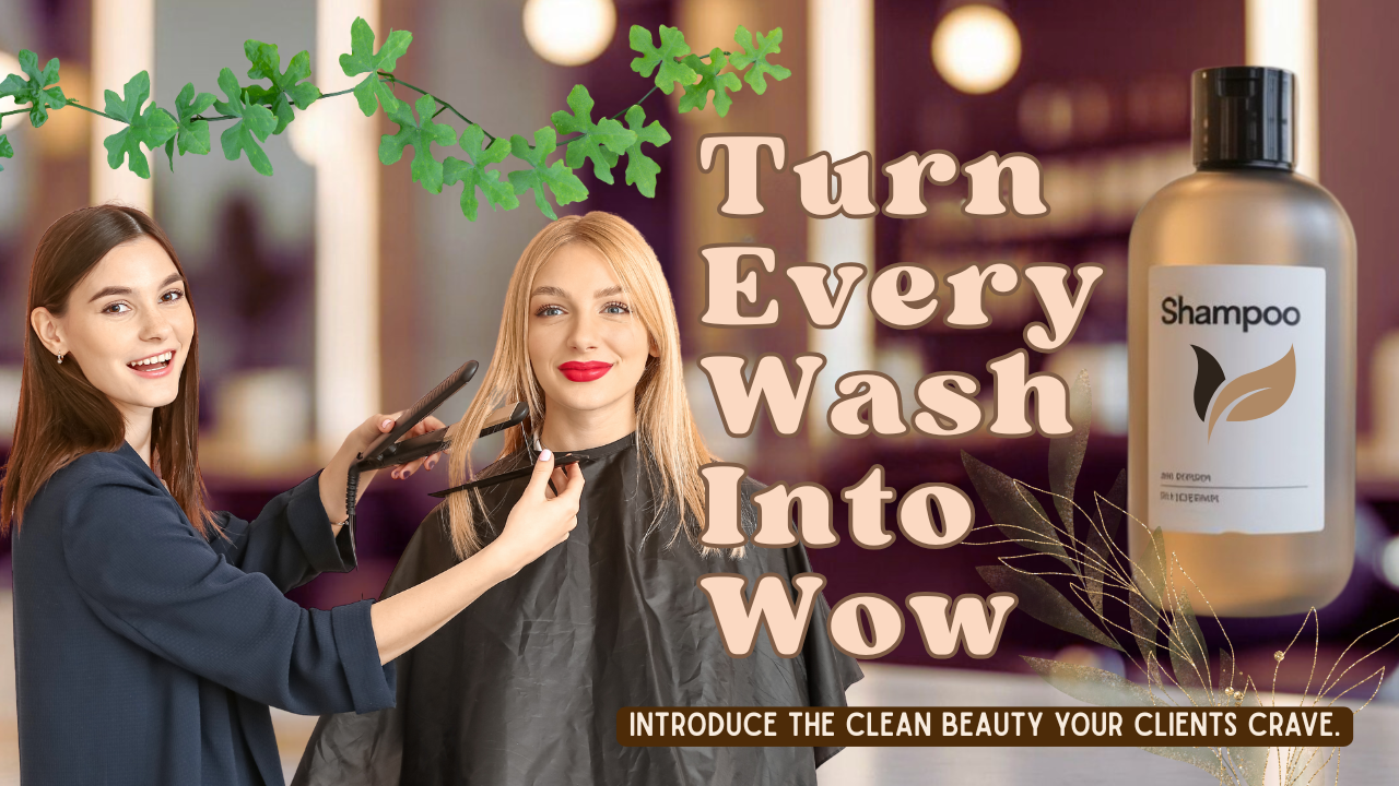 Salon scene promoting plant-based shampoo with happy client and bold text about clean beauty transformations.