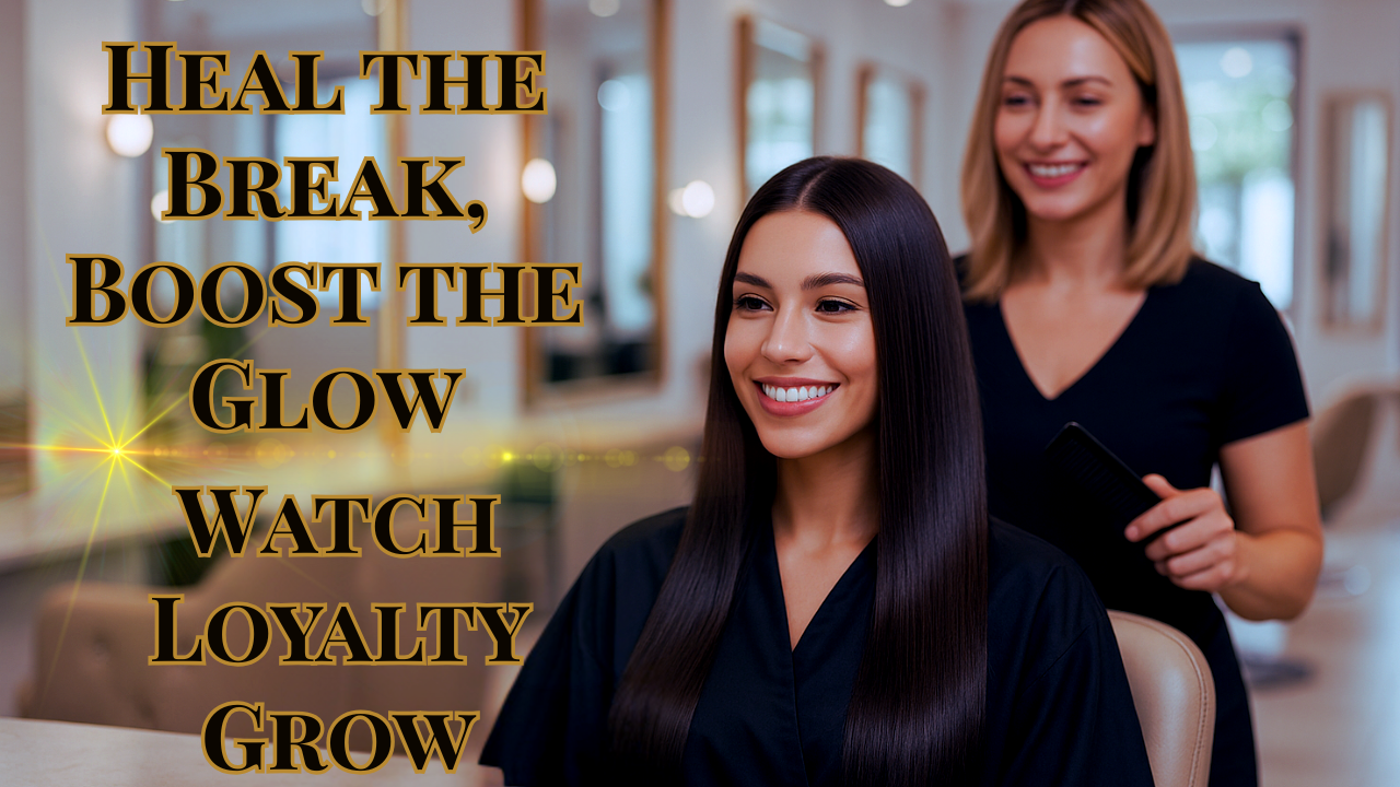 Smiling woman with sleek, shiny hair being styled by salon professional—highlighting hair breakage repair, glow enhancement, and client loyalty.